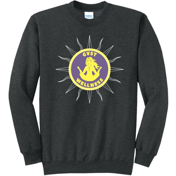 Dark charcoal crewneck sweatshirt with the yellow GVST Wellness sun logo