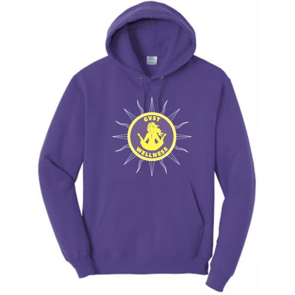 Purple pullover hoodie with the yellow GVST Wellness sun logo on the chest