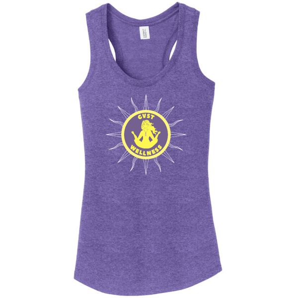 Heather purple racerback tank top with the yellow GVST Wellness sun logo