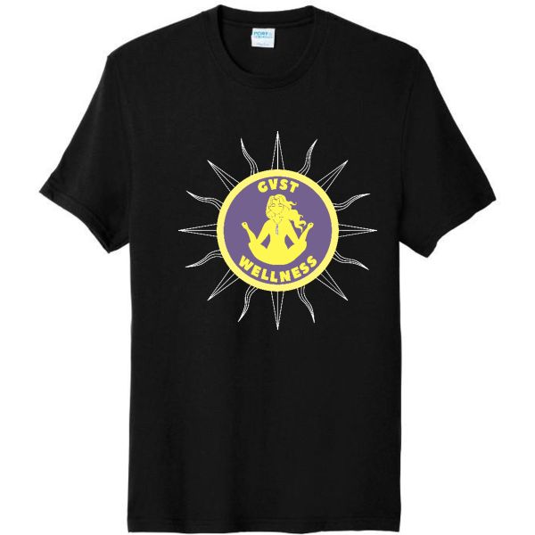 Black t-shirt with the yellow GVST Wellness sun logo on the chest