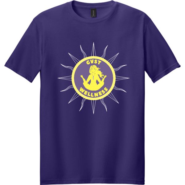 Purple t-shirt with the yellow GVST Wellness sun logo on the chest