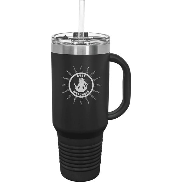 Black insulated 40 ounce travel mug with a handle and the GVST Wellness sun engraved in silver