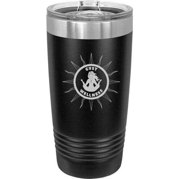 Black insulated 20 ounce tumbler with the GVST Wellness sun engraved in silver