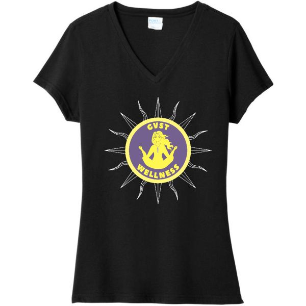 Black ladies' V-neck t-shirt with the yellow GVST Wellness sun logo